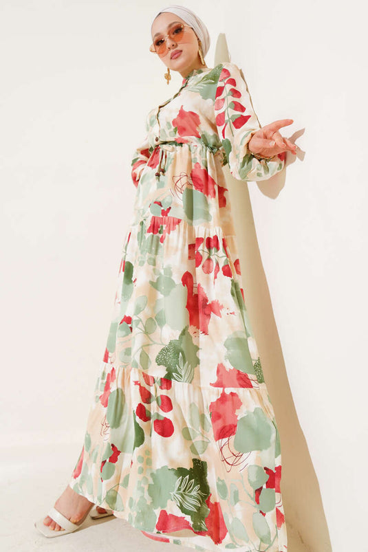 Bel Tünelli Düğmeli Desenli Elbise Çağla Yeşili