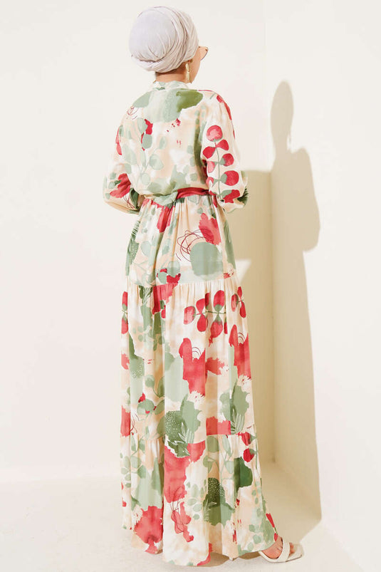 Bel Tünelli Düğmeli Desenli Elbise Çağla Yeşili