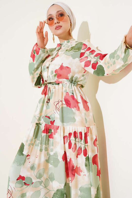 Bel Tünelli Düğmeli Desenli Elbise Çağla Yeşili