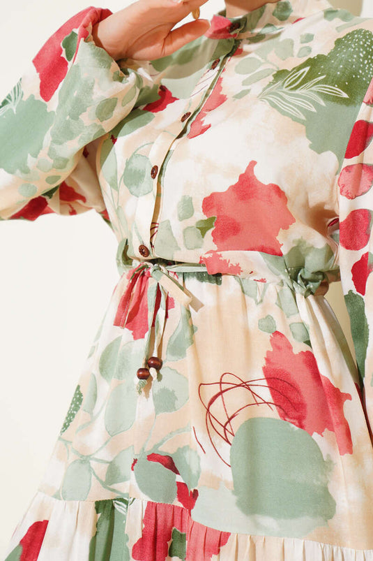 Bel Tünelli Düğmeli Desenli Elbise Çağla Yeşili