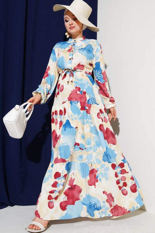 Waist Tunnel Buttoned Patterned Dress Blue