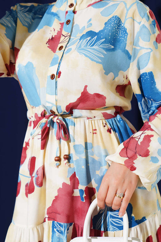 Waist Tunnel Buttoned Patterned Dress Blue