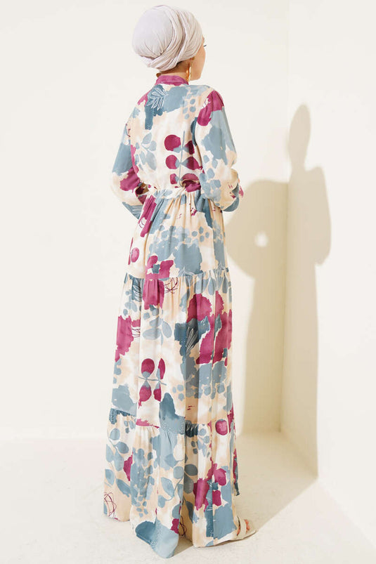 Bel Tünelli Düğmeli Desenli Elbise Mint