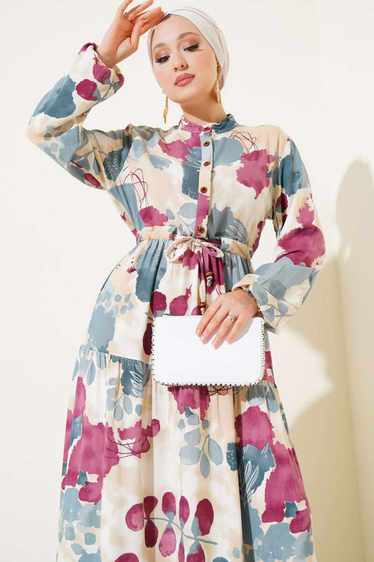 Bel Tünelli Düğmeli Desenli Elbise Mint