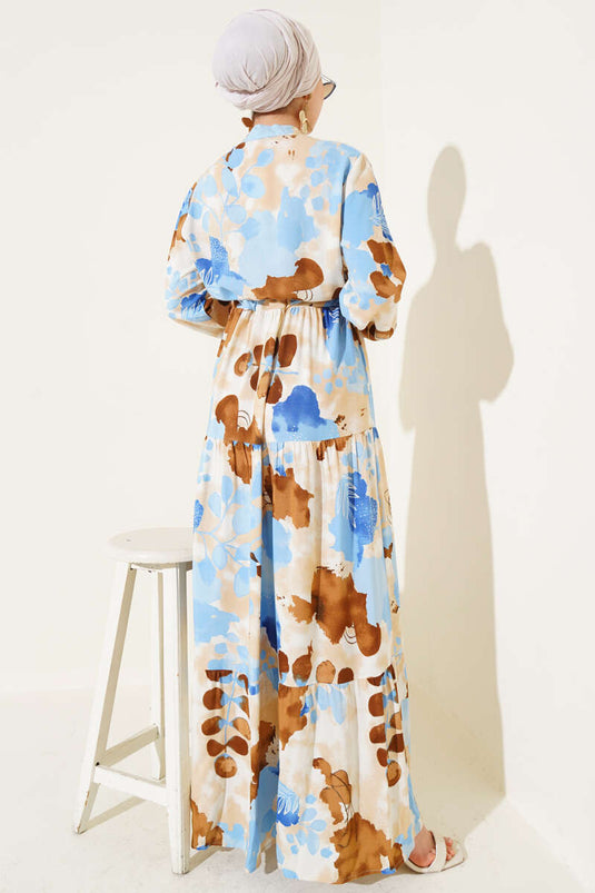 فستان منقوش بأزرار عند الخصر بلون بني