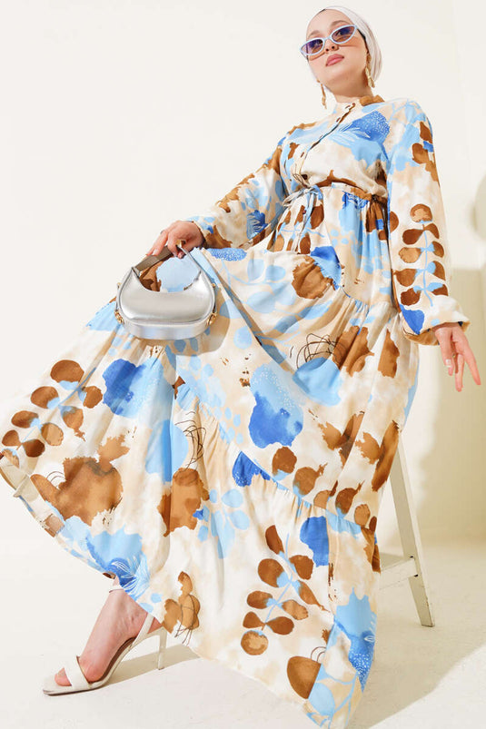 فستان منقوش بأزرار عند الخصر بلون بني