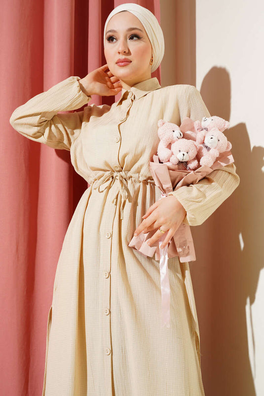 طقم قميص طويل بأزرار عند الخصر من قطعتين، بيج