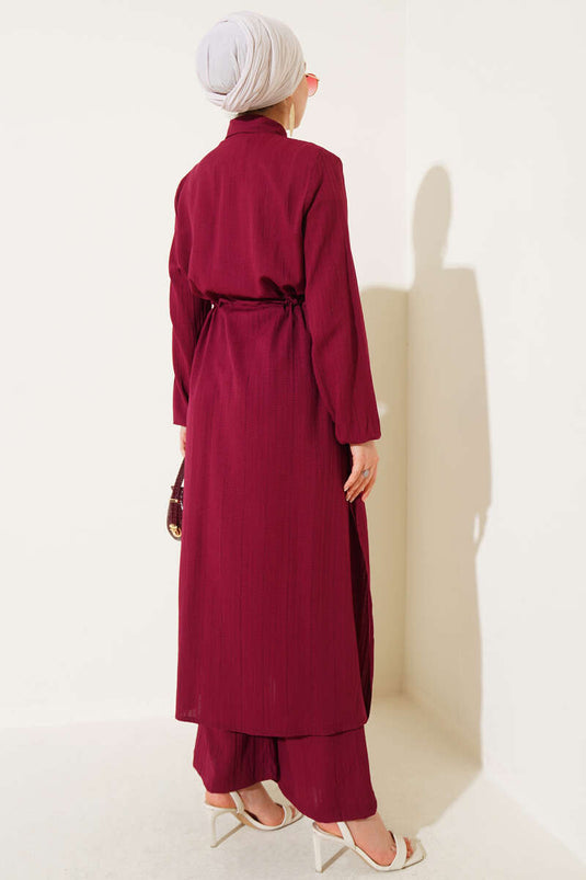 طقم قميص طويل بأزرار وياقة بيل تونيللي، لون خمري، قطعتان