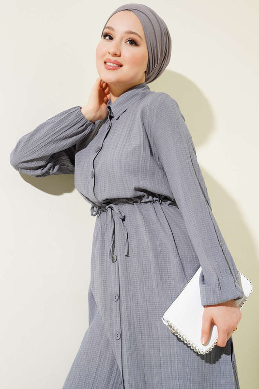 Long Shirt Set with Belt and Buttons, Gray