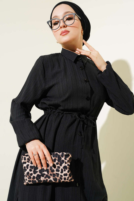 Bel Tünelli Düğmeli Uzun Gömlek İkili Takım Siyah