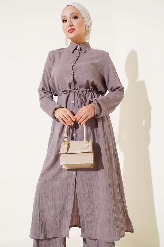 Long Shirt Set with Belt and Buttons, Taupe
