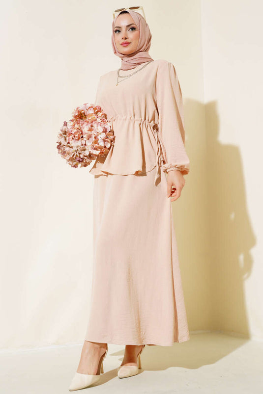 Bel Tünelli Etekli Ayrobin İkili Takım Bej