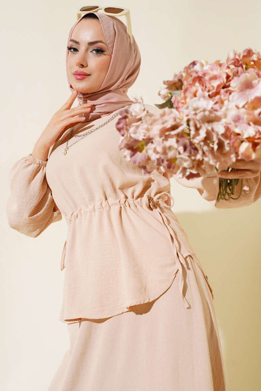 Bel Tünelli Etekli Ayrobin İkili Takım Bej