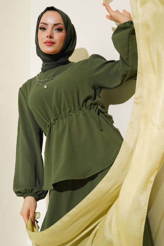 Bel Tünelli Skirted Ayrobin Two-Piece Set Khaki