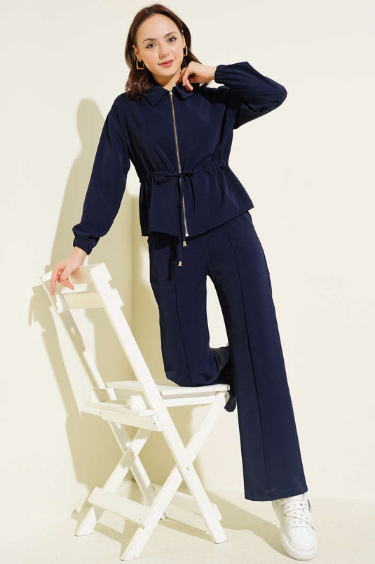 Set base doppio con zip e collo a V blu scuro