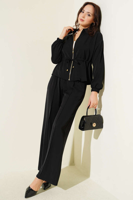 Ensemble basique deux pièces avec ceinture à boucle et fermeture éclair, noir