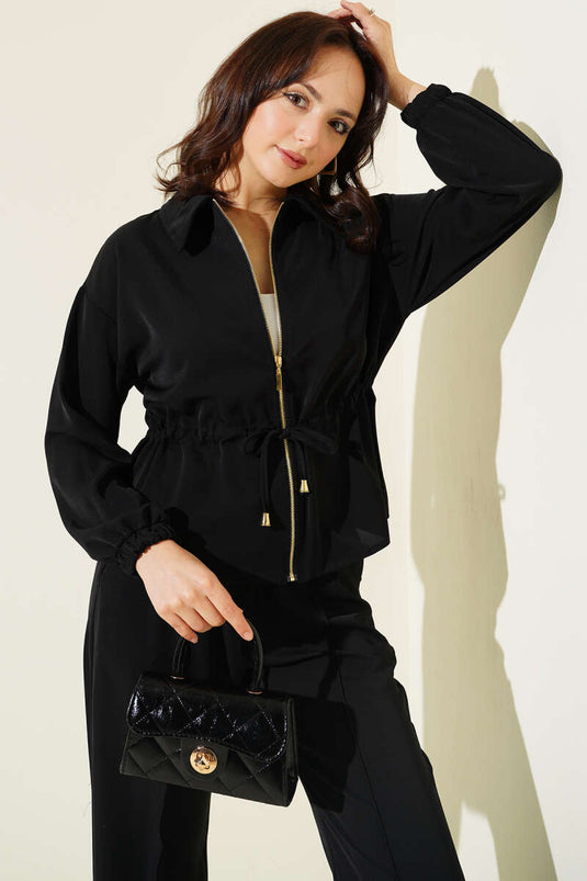 Ensemble basique deux pièces avec ceinture à boucle et fermeture éclair, noir