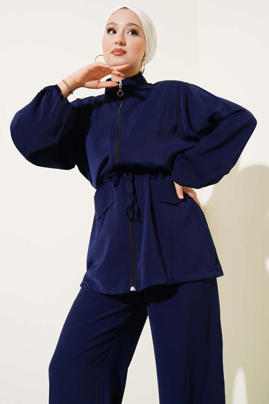 Bel Tünelli Fermuarlı Cep Kapaklı İkili Takım Lacivert