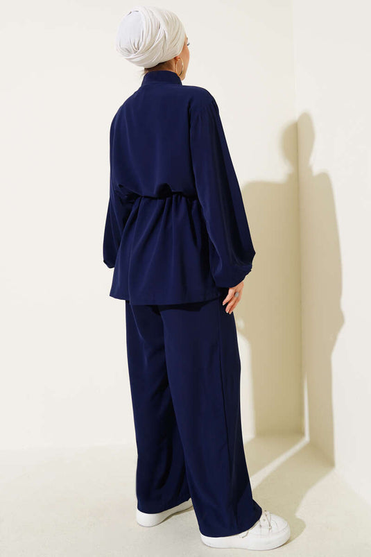 Bel Tünelli Fermuarlı Cep Kapaklı İkili Takım Lacivert