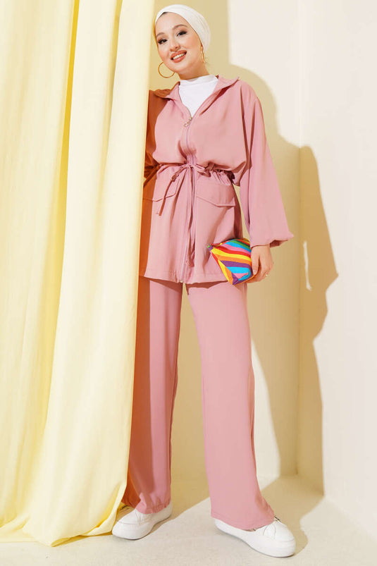 Ensemble deux pièces avec poche zippée et rabat à la taille, rose