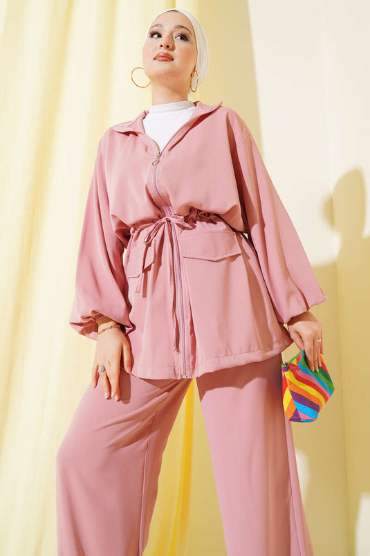 Ensemble deux pièces avec poche zippée et rabat à la taille, rose