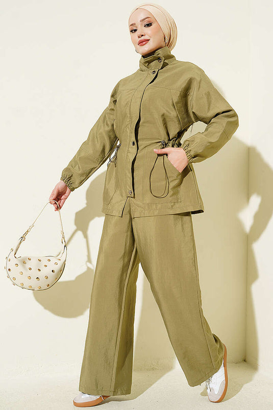 Hooded Zippered Two-Piece Set In Khaki