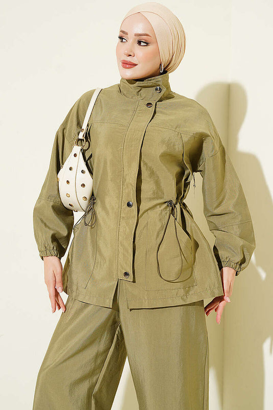 Hooded Zippered Two-Piece Set In Khaki