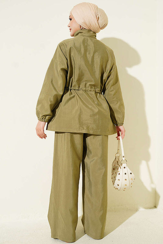 Hooded Zippered Two-Piece Set In Khaki