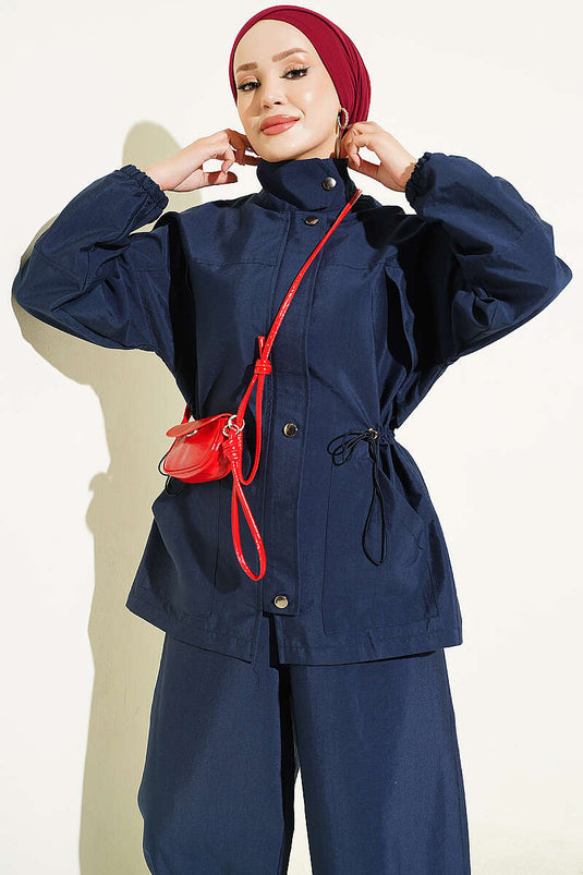 Navy Blue Belted Zip-Up Two-Piece Set