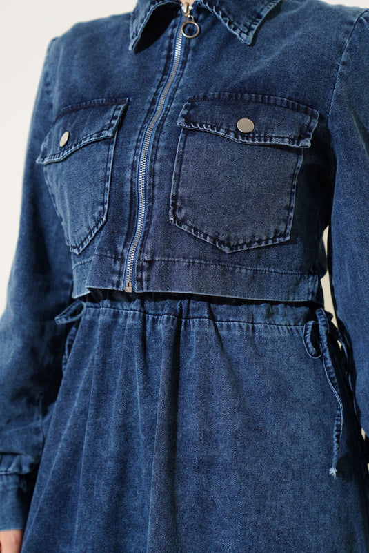 Ensemble deux pièces en jean avec gilet zippé et tunnel à la taille