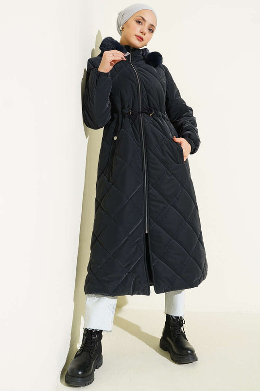 Bel Tünelli Fermuarlı Kapüşonlu Kapitone Mont Lacivert