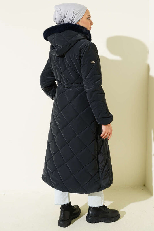 Quilted Hooded Jacket with Waist Tunnel and Zipper, Navy Blue