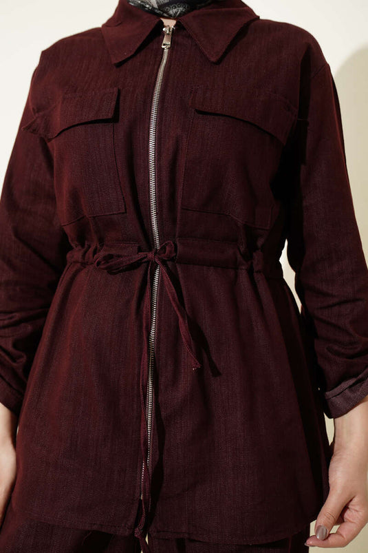 Belted Zippered Denim Two-Piece Set Burgundy