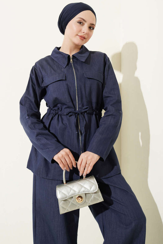 Indigo Denim Two-Piece Set with Belt and Zipper
