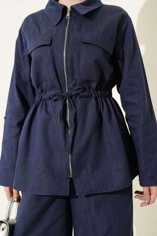 Indigo Denim Two-Piece Set with Belt and Zipper