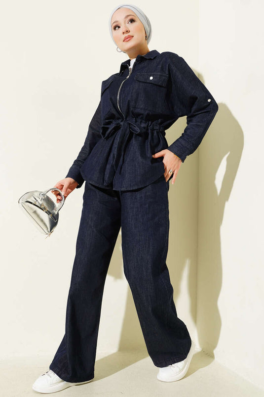 Bel Tünelli Fermuarlı Kot İkili Takım Lacivert