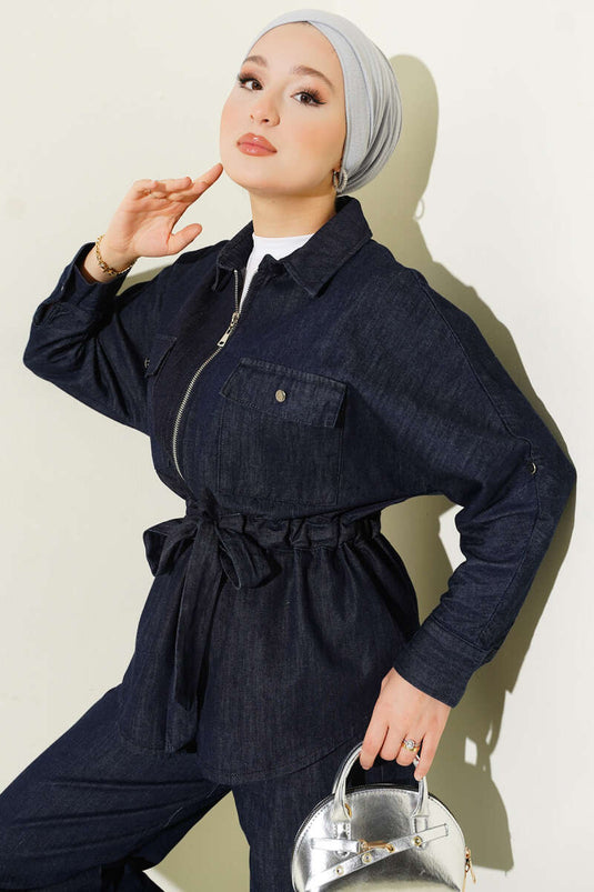 Bel Tünelli Fermuarlı Kot İkili Takım Lacivert