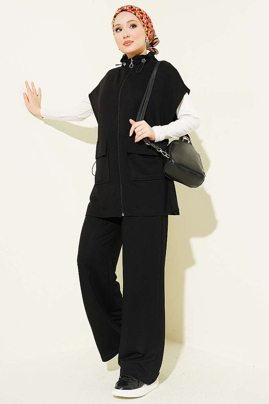 Ensemble double gilet à fermeture éclair avec ceinture noire