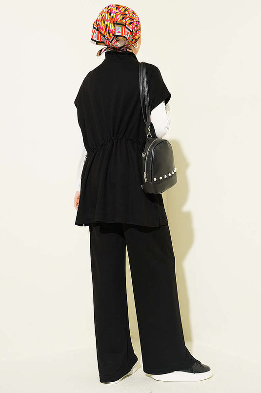 Ensemble double gilet à fermeture éclair avec ceinture noire