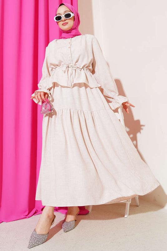 Bel Tünelli Fırfırlı Etekli İkili Takım Bej