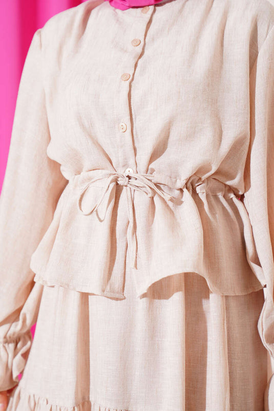 Bel Tünelli Fırfırlı Etekli İkili Takım Bej