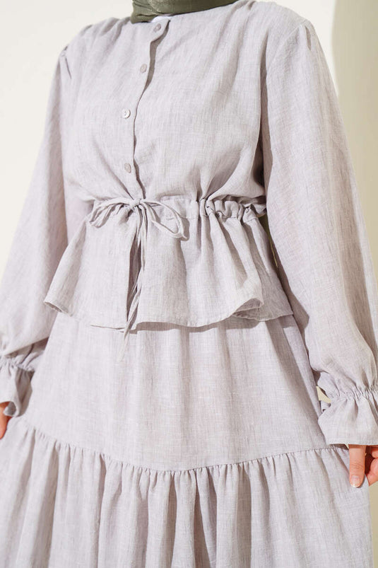 Bel Tünelli Fırfırlı Etekli İkili Takım Gri