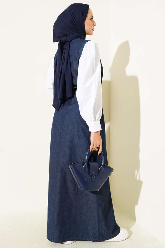 Waist Tunnel Garnished Denim Dress Navy Blue