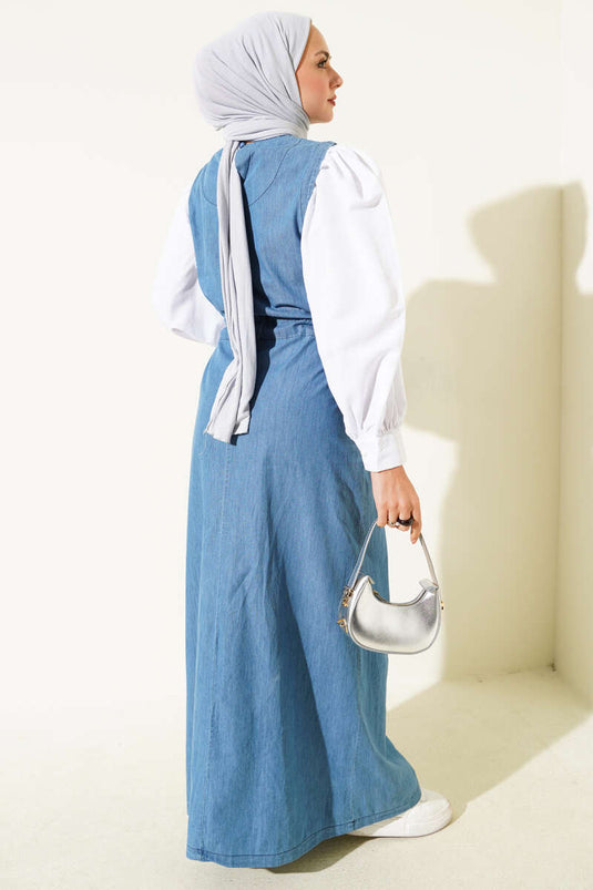 Bel Tünelli Garnili Kot Elbise Mavi