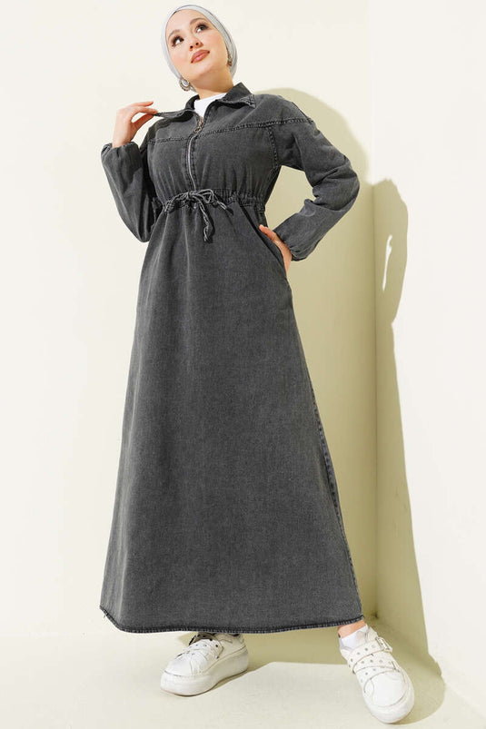 Bel Tünelli Gömlek Yaka Kot Elbise Füme
