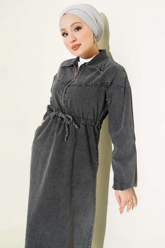 فستان جينز برقبة قميص بحزام بيل رمادي داكن