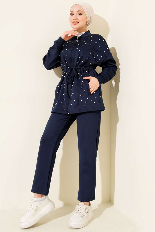 Belted Pearl-Embellished Scuba Two-Piece Set Navy Blue