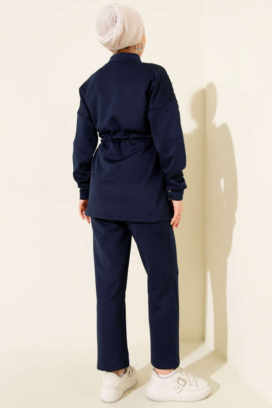 Belted Pearl-Embellished Scuba Two-Piece Set Navy Blue