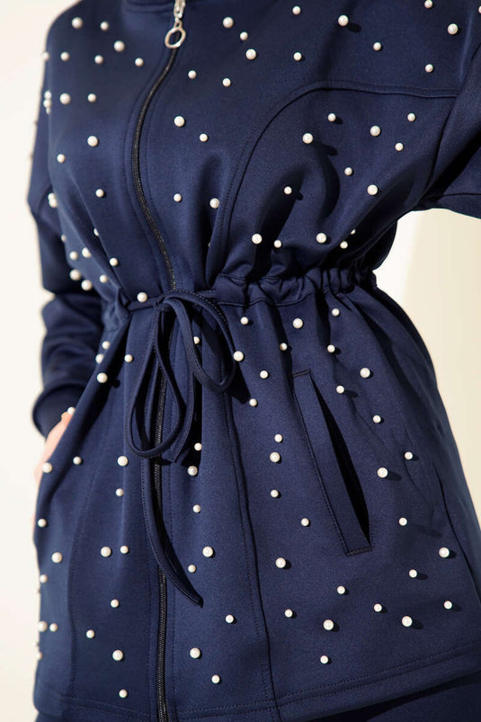 Belted Pearl-Embellished Scuba Two-Piece Set Navy Blue