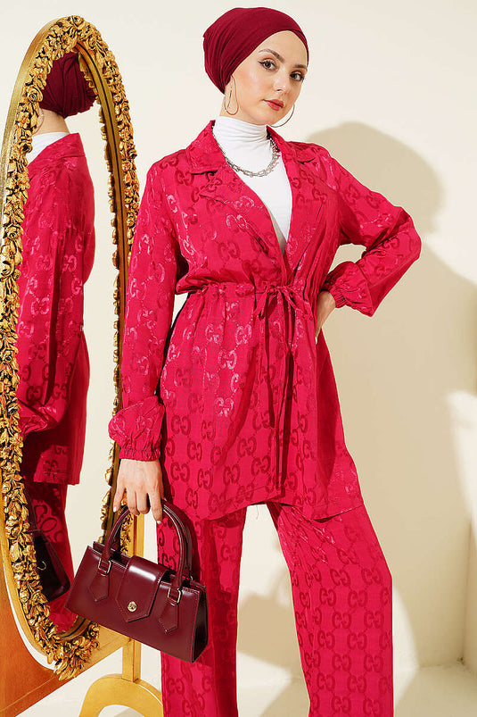 Conjunto doble de jacquard con cinturilla de terciopelo en color burdeos